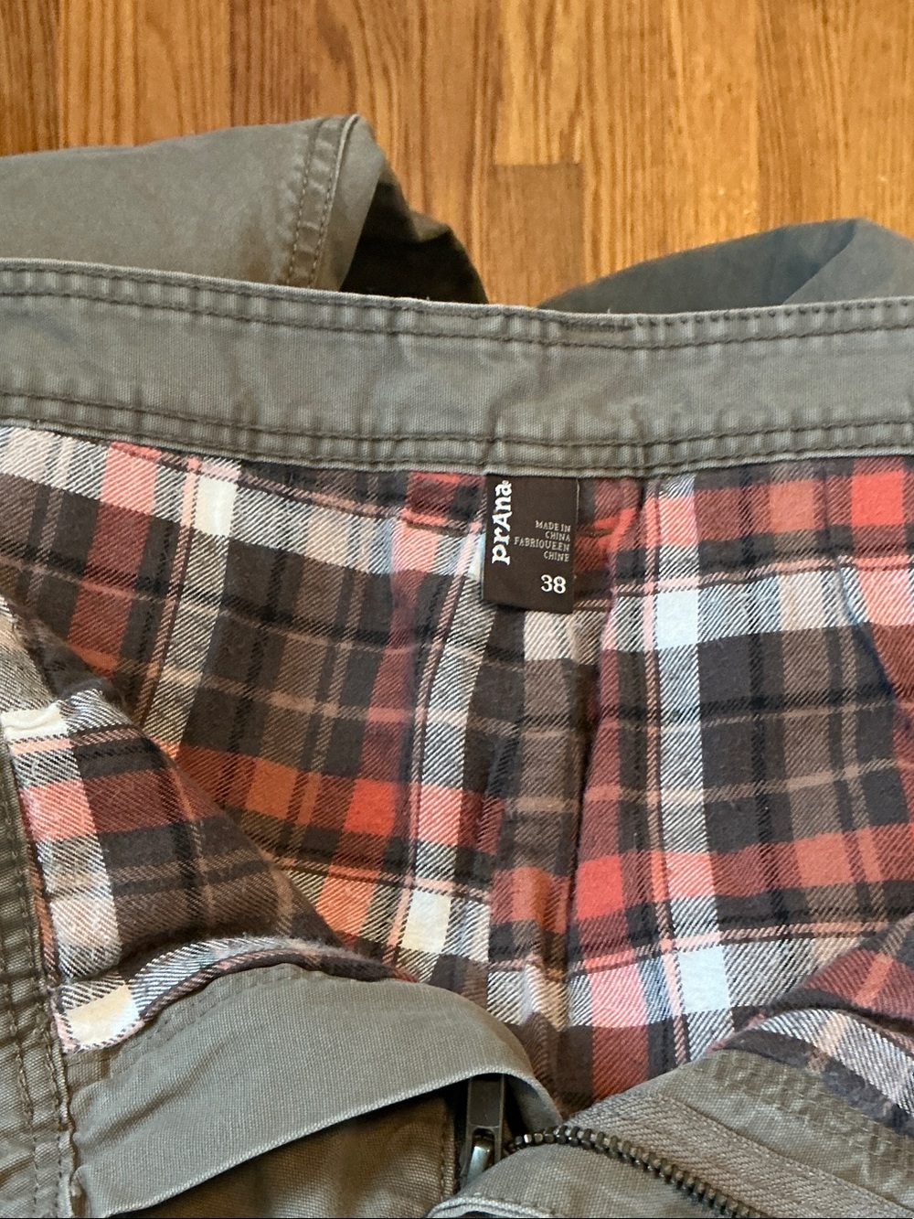 Prana Men's Olive Green Cargo Pants with Red-Black Plaid Lining